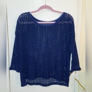Aerie Navy Blue Crocheted Sweater. See through scoop neck 3/4 Sleeve Design